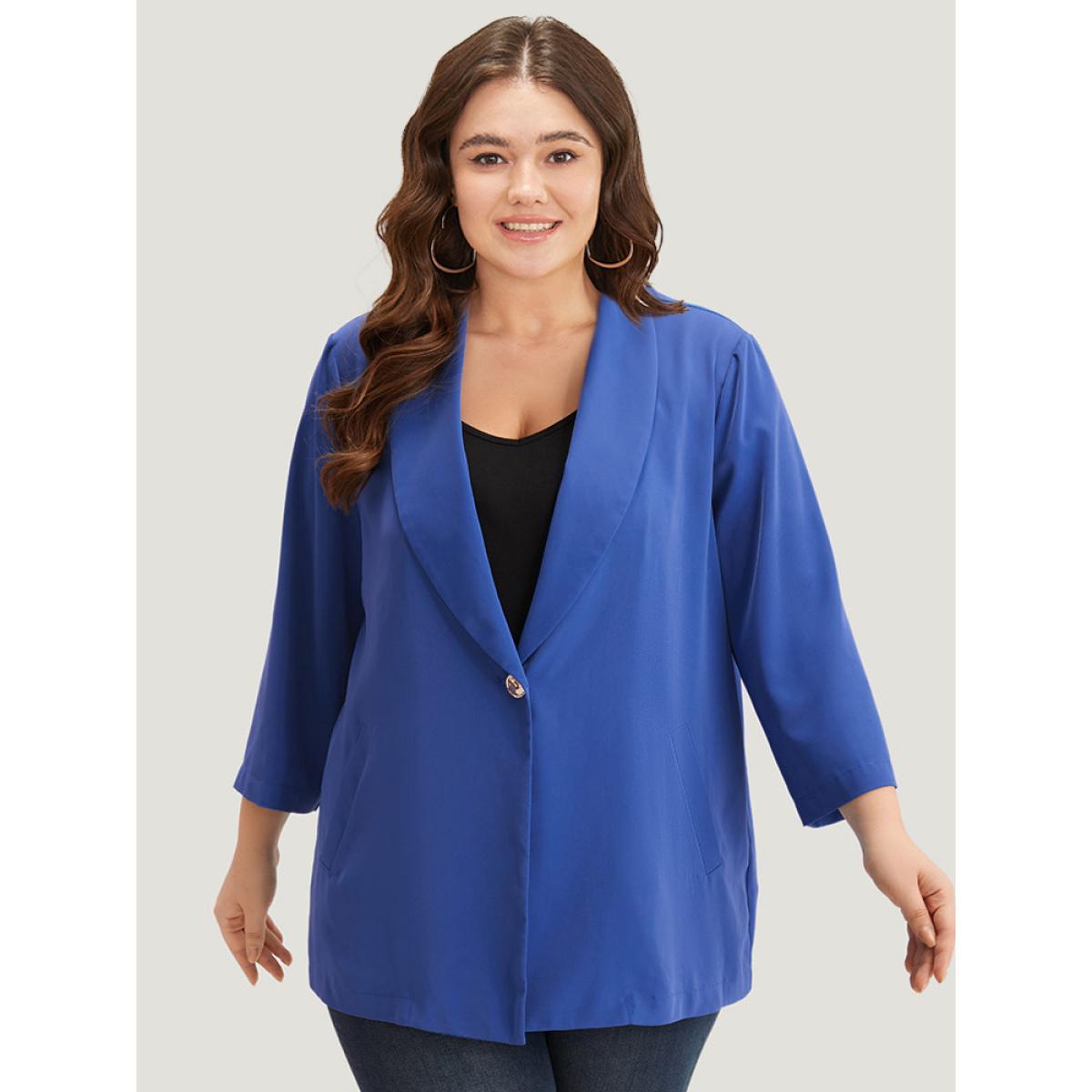 Plus Size Solid Lapel Collar Pocket Blazer Blue Women Work Plain Plain Sleeve Long Sleeve Lapel Collar 10/M Pocket Office Blazers BloomChic Product Image