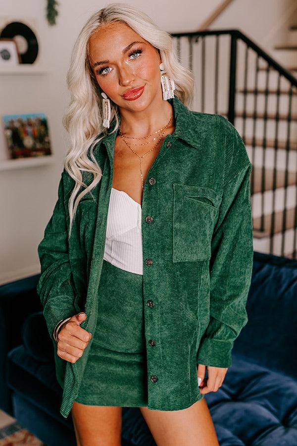 Captivating Cuteness Corduroy Button Up in Hunter Green Product Image