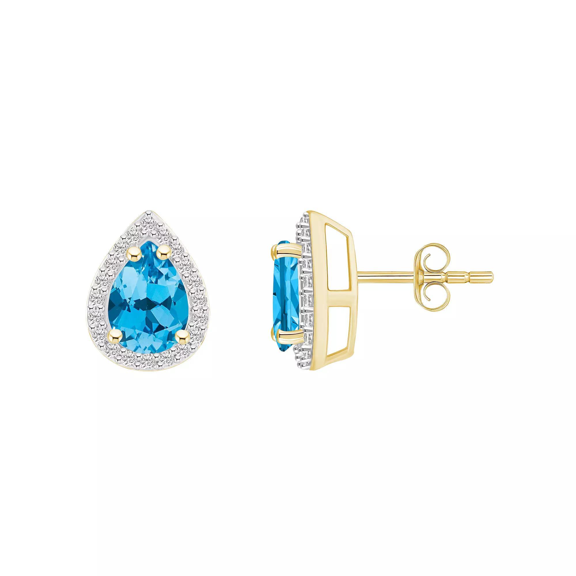 Celebration Gems 10k Gold Pear Shape Gemstone & Lab-Created White Sapphire Halo Stud Earrings, Women's, Blue Topaz Product Image