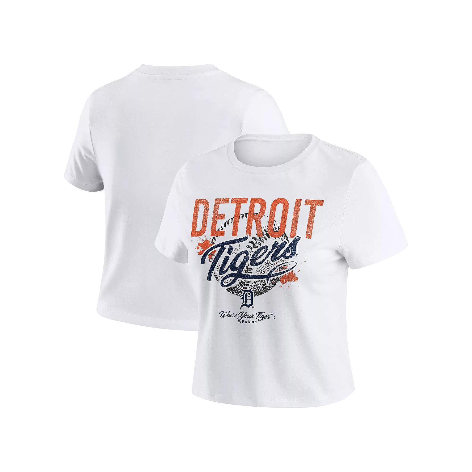 Women's WEAR by Erin Andrews  White Detroit Tigers Distressed Cropped Baby T-Shirt, Size: XL Product Image