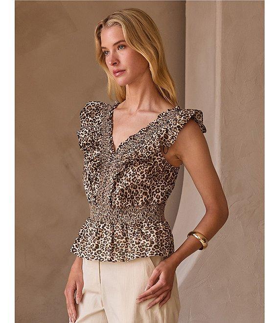 Skies Are Blue Leopard Poplin V-Neck Ruffle Cap Sleeve Smocked Peplum Top Product Image