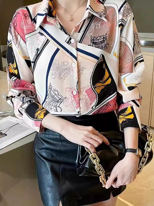 Long Sleeves Loose Buttoned Printed Split-Joint Lapel Blouses&Shirts Tops Product Image