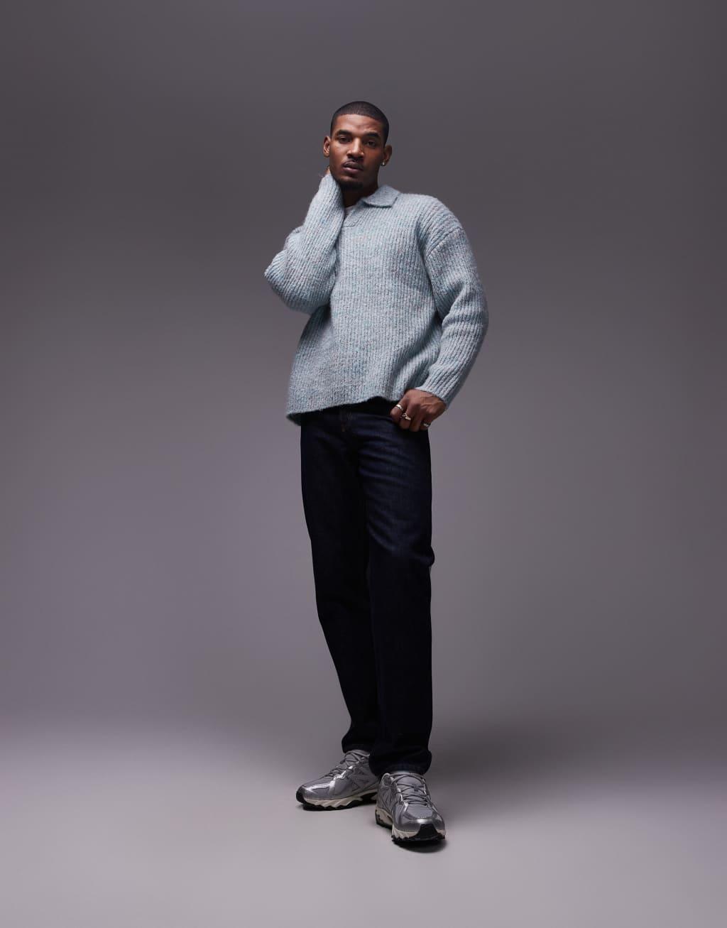 Topman relaxed open collar sweater in heather sage Product Image