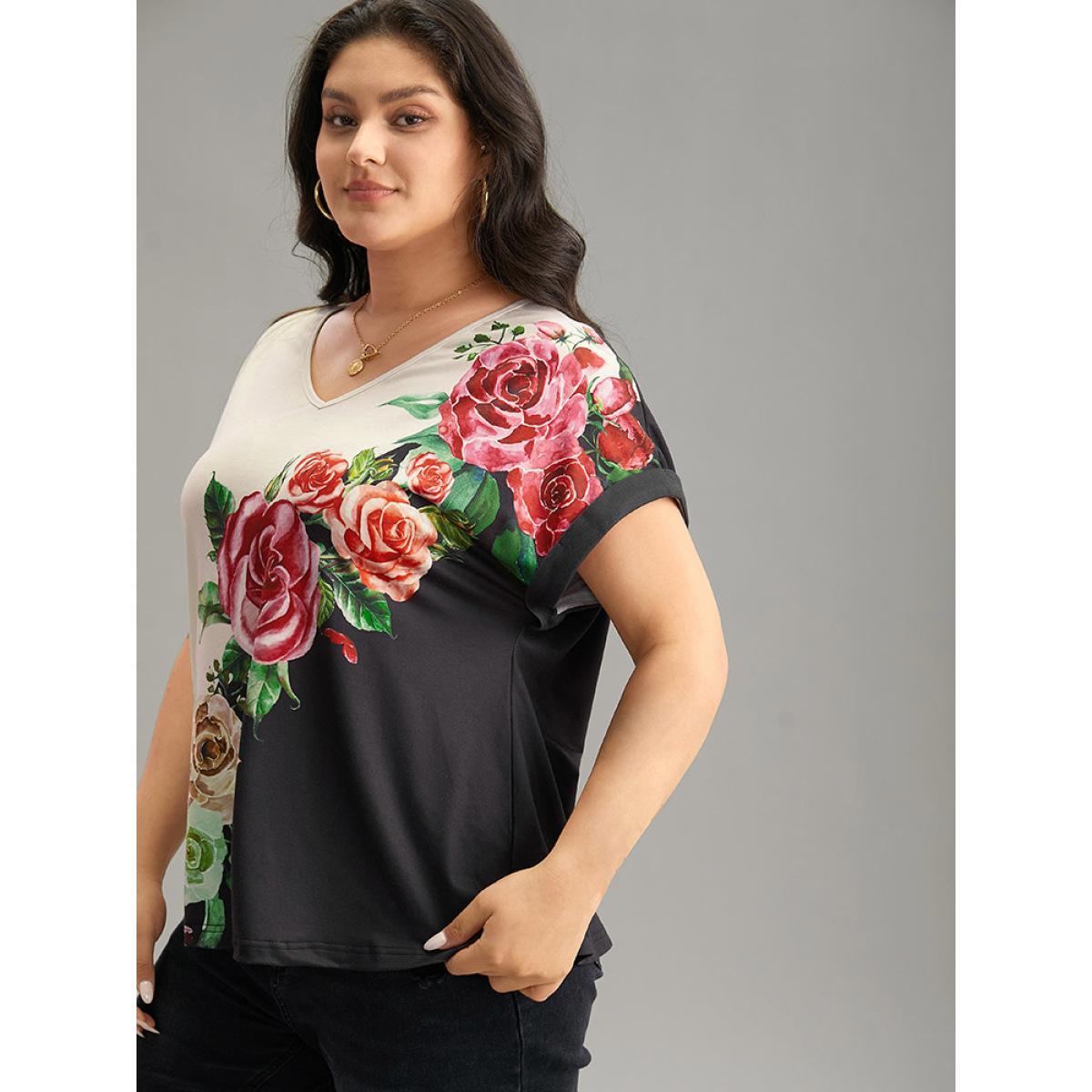 Plus Size Boho Print Roll Batwing Sleeve T-shirt Black Women Casual Contrast Floral V-neck Dailywear T-shirts BloomChic 14-16/1X Product Image
