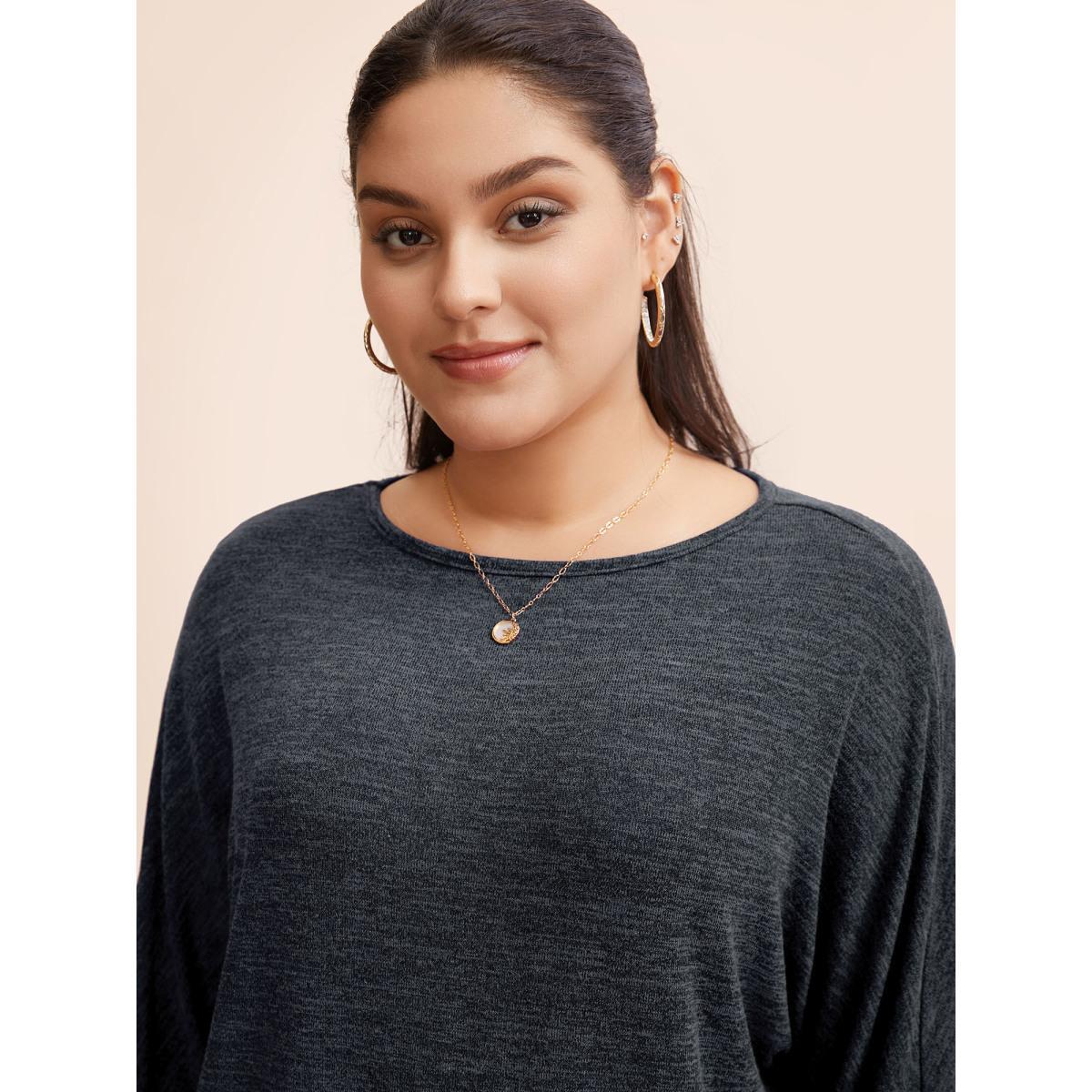 Plus Size Plain Heather Elastic cuffs Dolman Sleeve T-shirt Gray Women Casual Elastic cuffs Plain Round Neck Everyday T-shirts BloomChic 14-16/1X Product Image