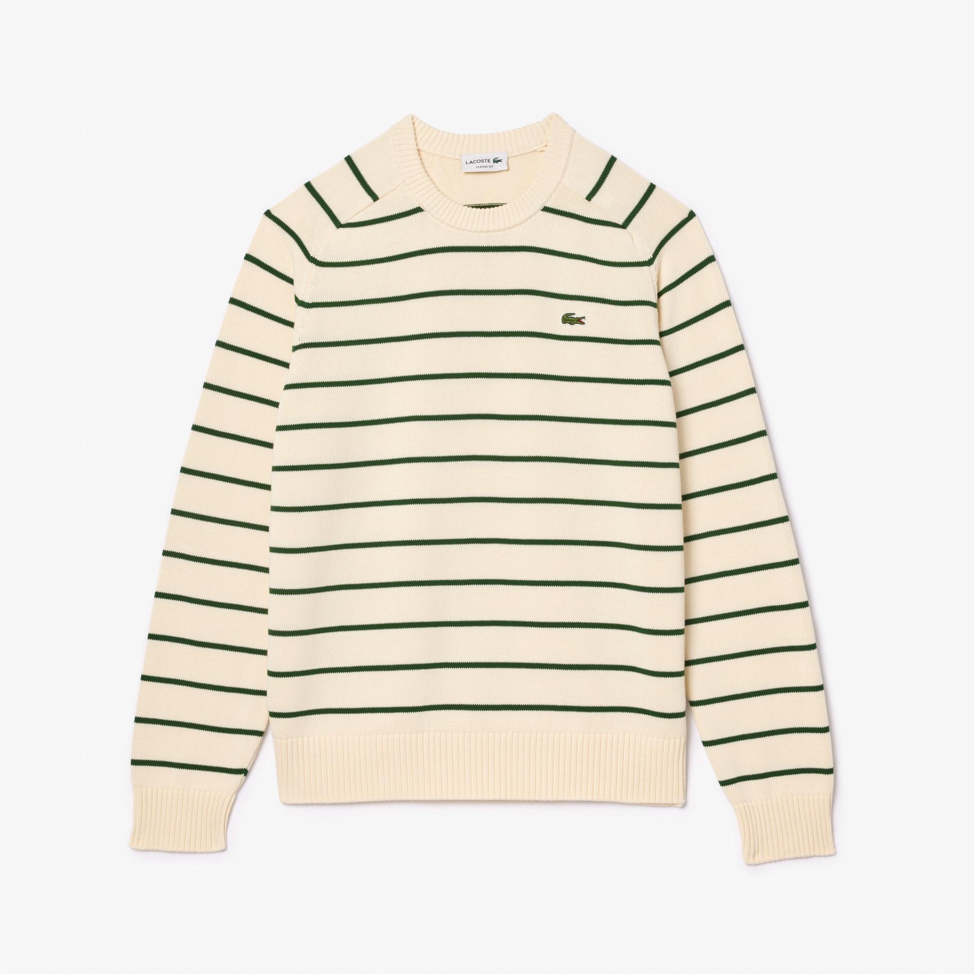 Striped 3D Knit Cotton Crew Neck Sweater Product Image