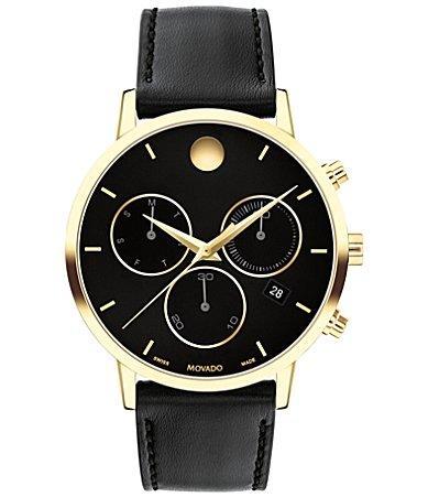 Movado Mens Museum Classic Quartz Chronograph Yellow Gold PVD Case Black Leather Strap Watch Product Image