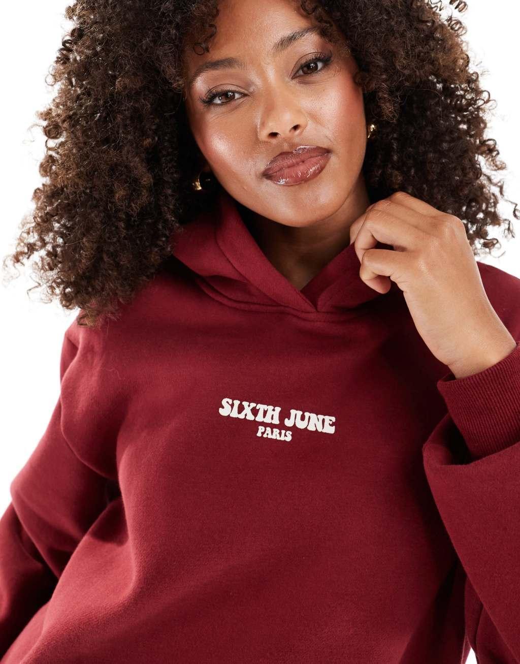 Sixth June back print slogan hoodie in burgundy - part of a set Product Image