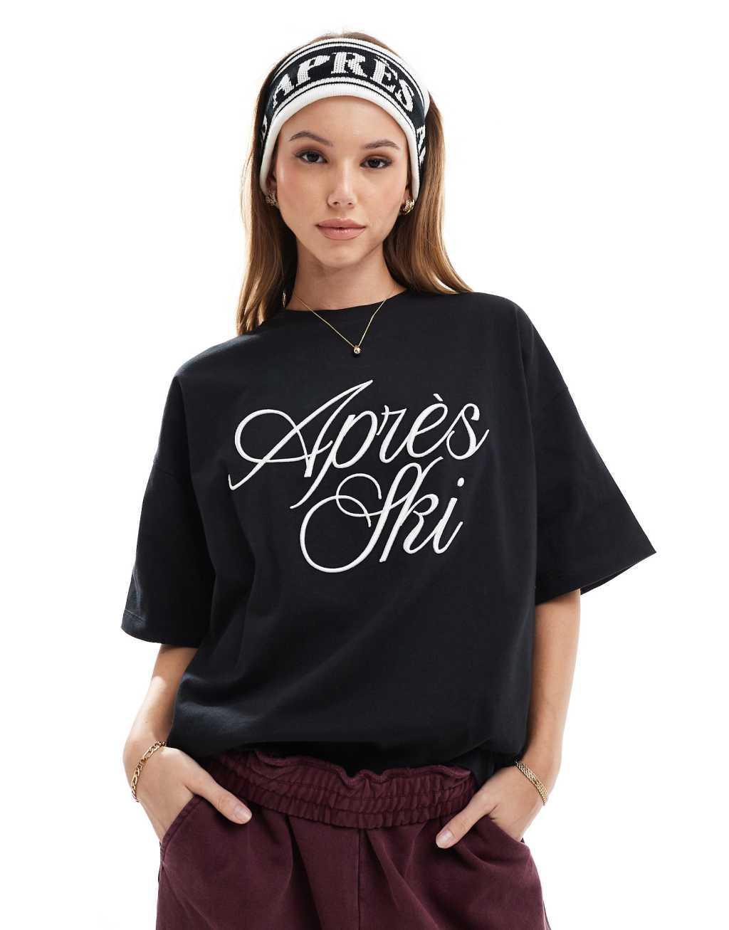 4th & Reckless x Felicia Wedin Apres Ski oversized embroidered apres ski logo t-shirt in black Product Image