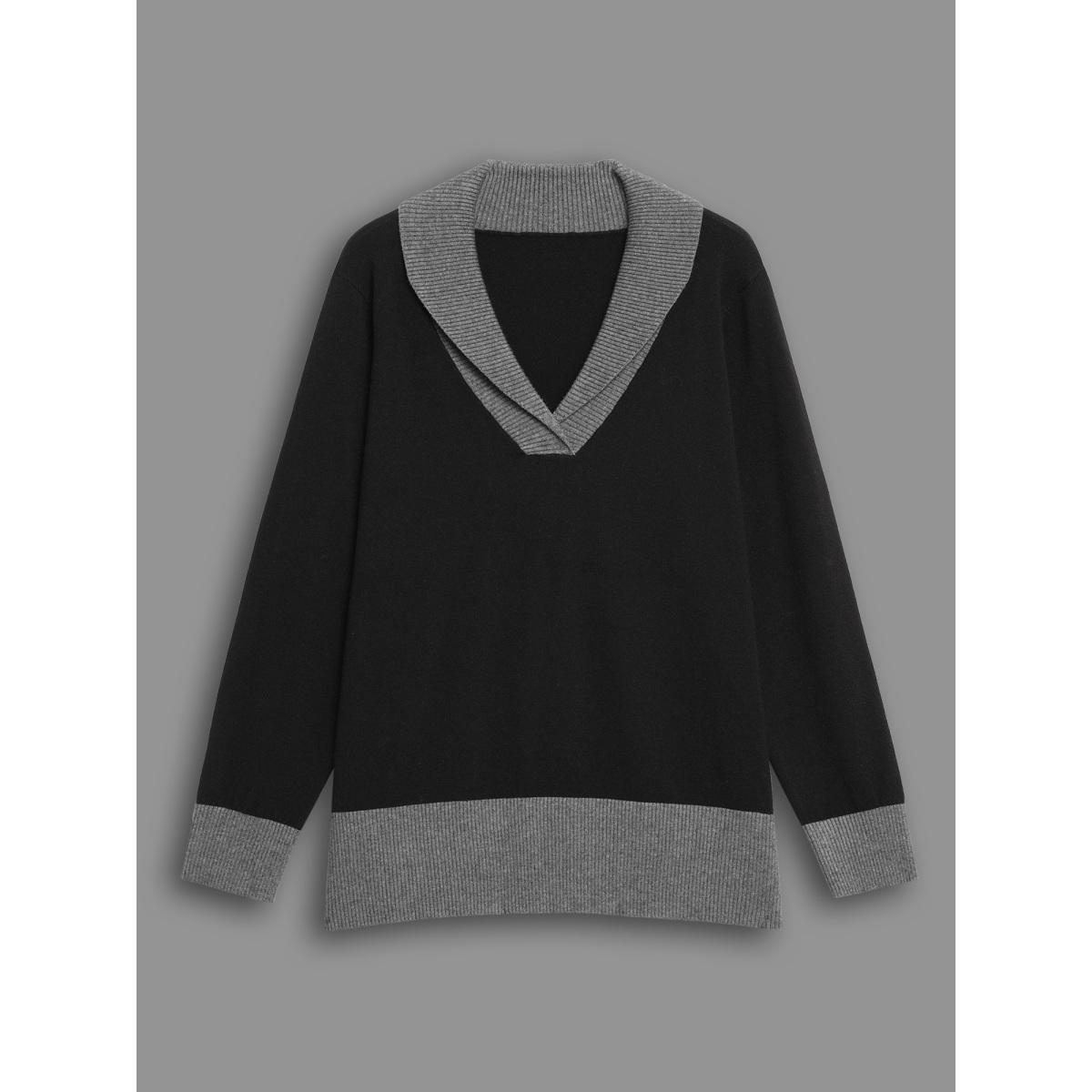 Plus Size Contrast Overlap Collar Button Detail Pullover Black Women Casual Loose Long Sleeve Overlap Collar Everyday Pullovers BloomChic 12/L Product Image