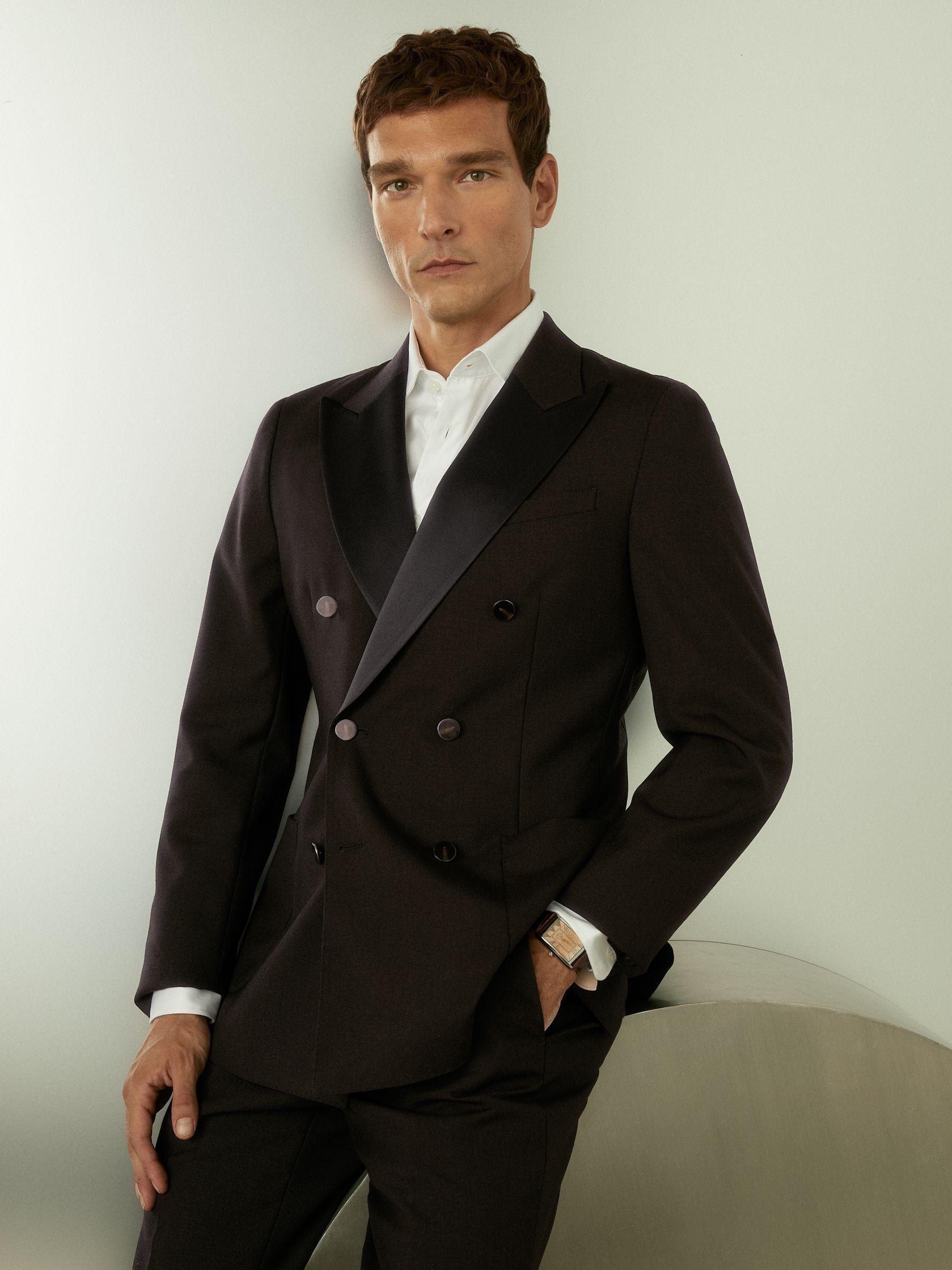 Double-Breasted Tuxedo Jacket in Wool in Brown Product Image