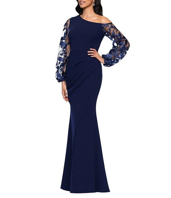Betsy & Adam One Shoulder Asymmetrical Long Sleeve Faux Wrap Gown Product Image