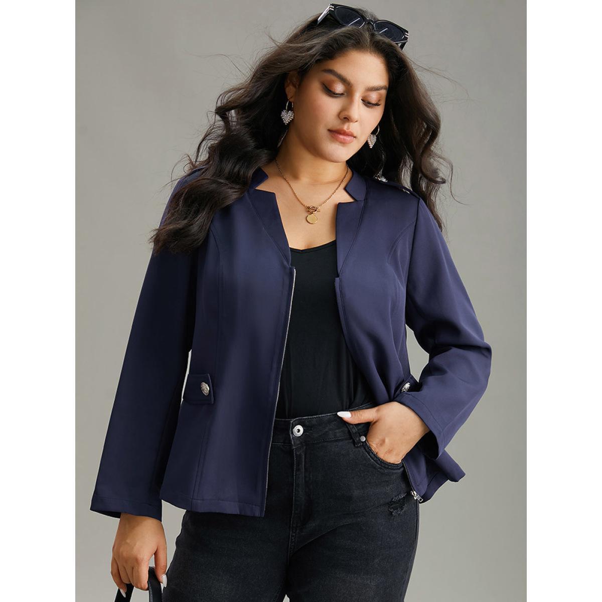 Plus Size Plain Button Detail Notched Zipper Blazer Indigo Women Office Plain Plain Sleeve Long Sleeve Notched collar 22-24/3X At the Office Blazers BloomChic Product Image