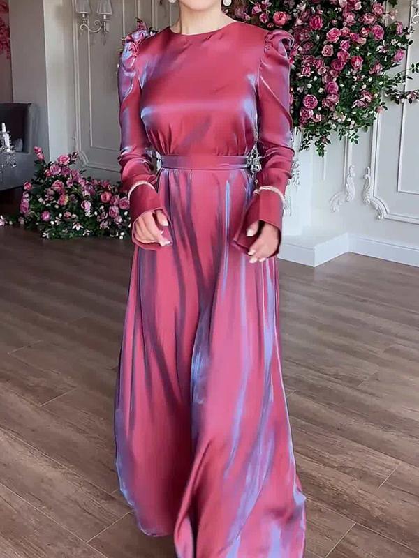 A-Line Long Sleeves Pleated Solid Color Tied Waist Zipper Round-Neck Maxi Dresses Product Image