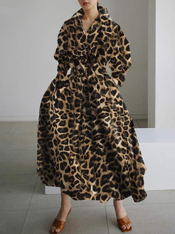 High Waisted Long Sleeves Buttoned Leopard Lapel Maxi Dresses Product Image