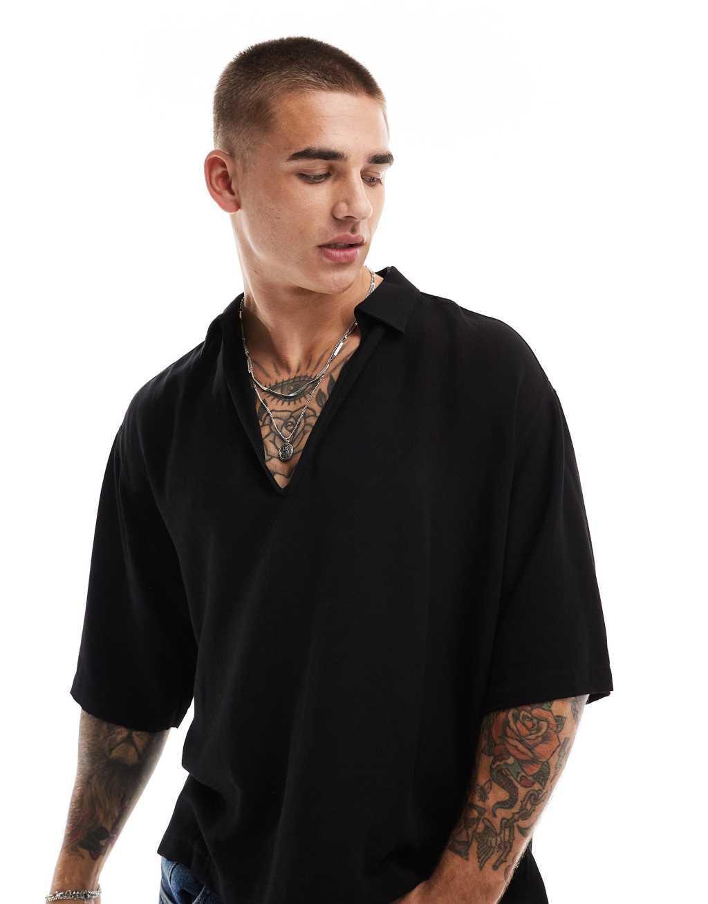 ASOS DESIGN oversized overhead top in linen mix in black  Product Image