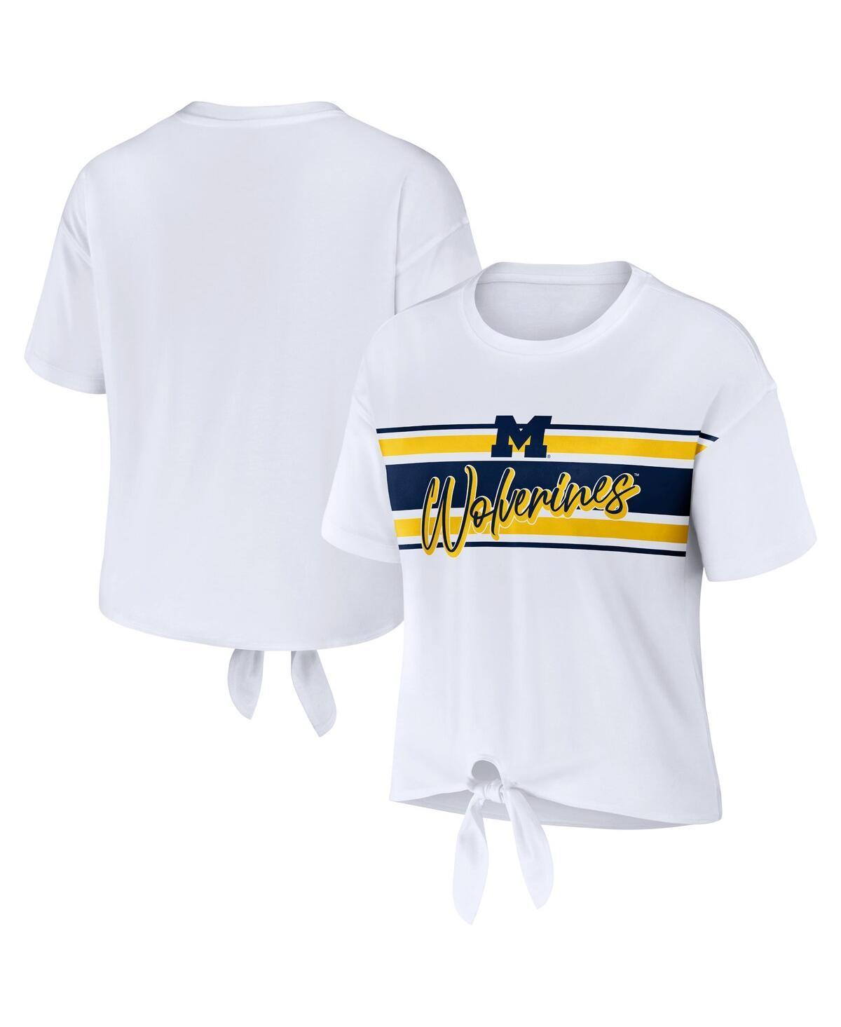 Womens Wear by Erin Andrews White Michigan Wolverines Striped Front Knot Cropped T-shirt Product Image