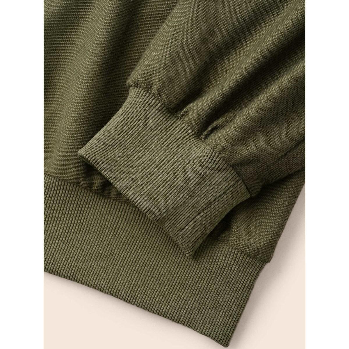 Plus Size Solid Button Up Raglan Sleeve Hooded Sweatshirt Women ArmyGreen Casual Patchwork Hooded Everyday Sweatshirts BloomChic 14-16/1X Product Image