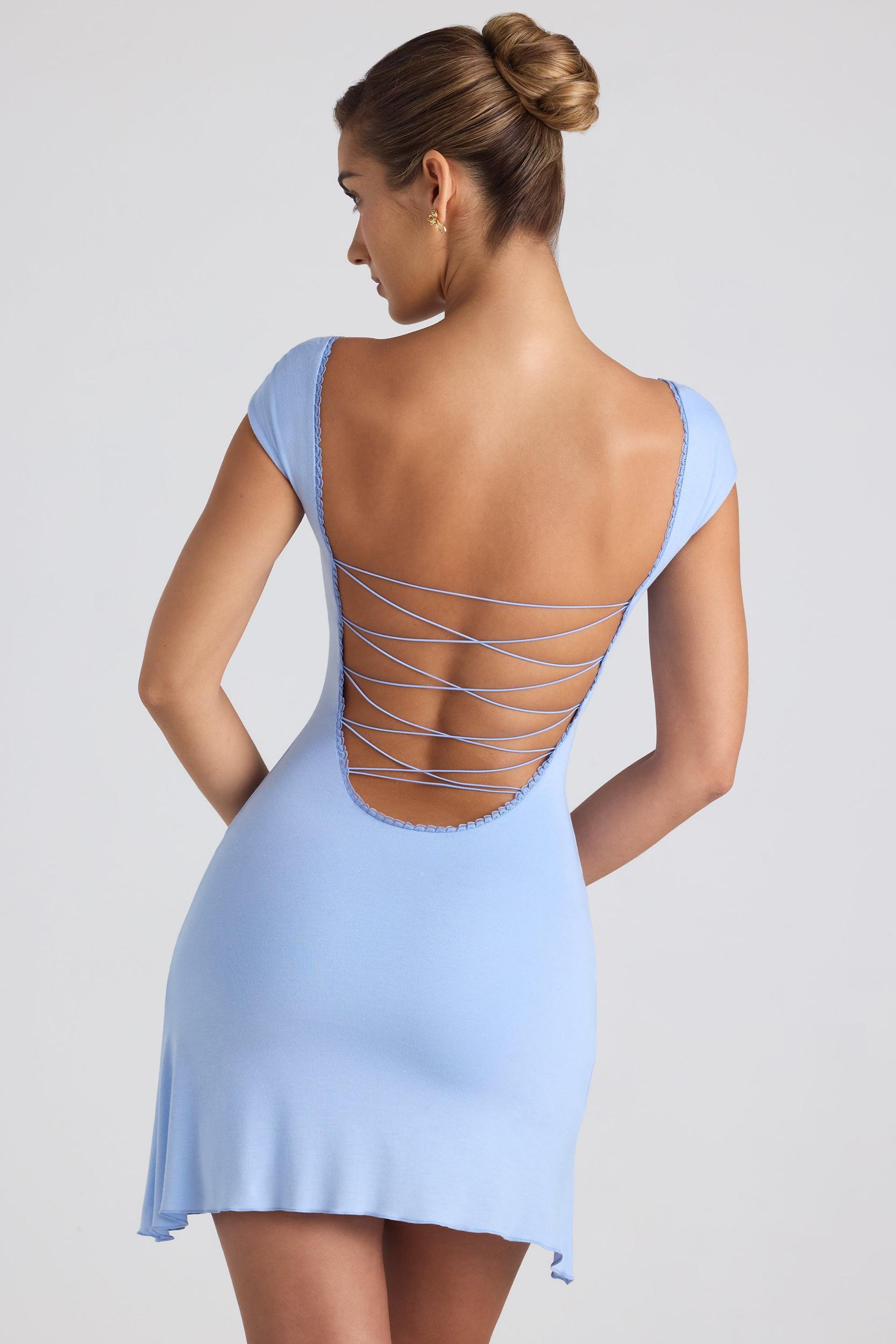 Modal Asymmetric Lace-Up A-Line Mini Dress in Sky Blue Product Image