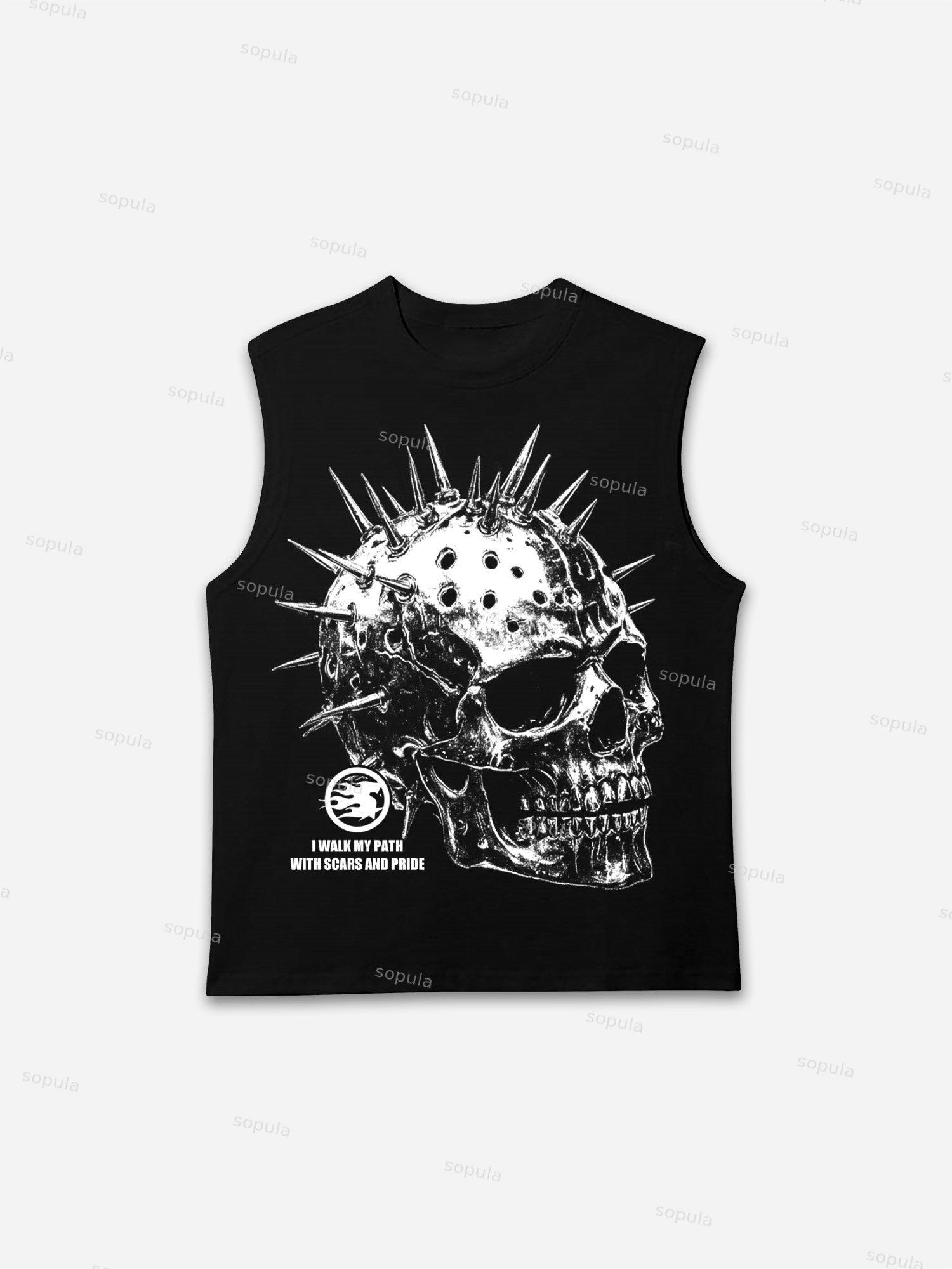 Metallic Spiked Skull Retro Graphic Tank Top Product Image