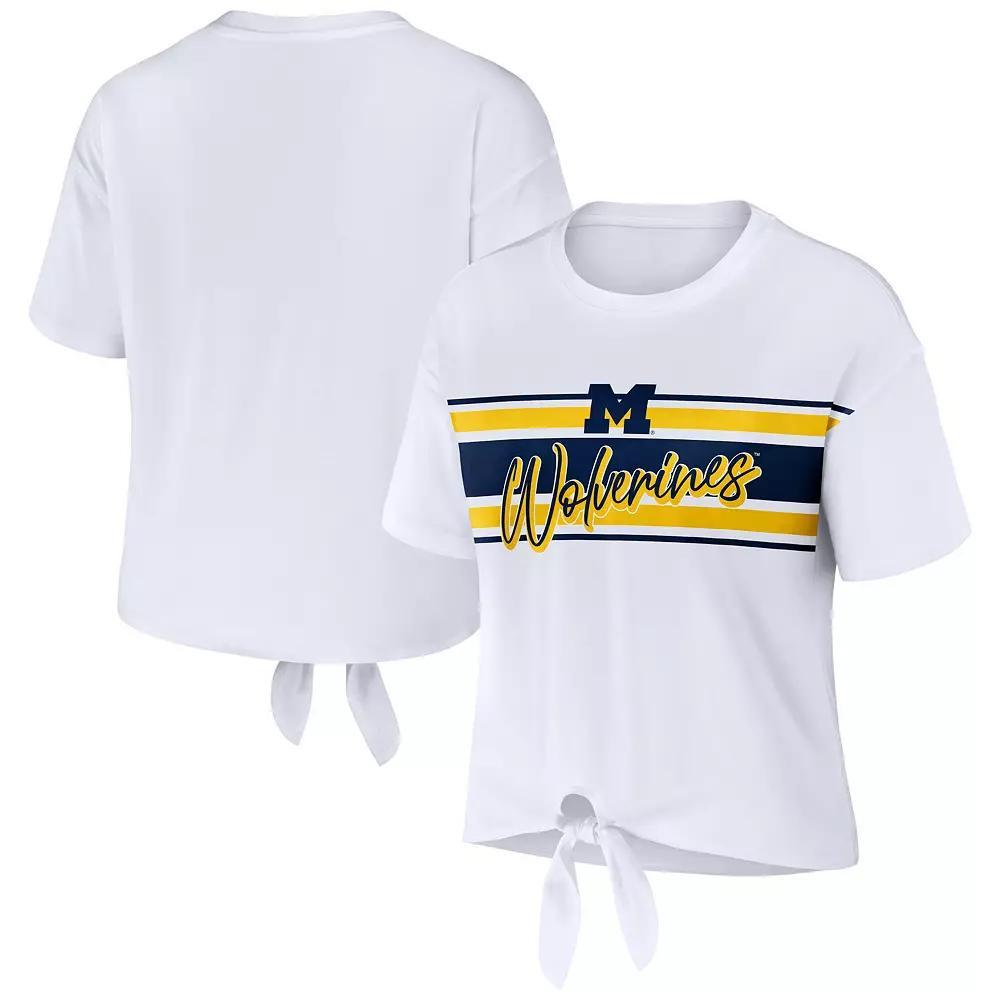 Women's WEAR by Erin Andrews White Michigan Wolverines Striped Front Knot Cropped T-Shirt, Size: Small Product Image