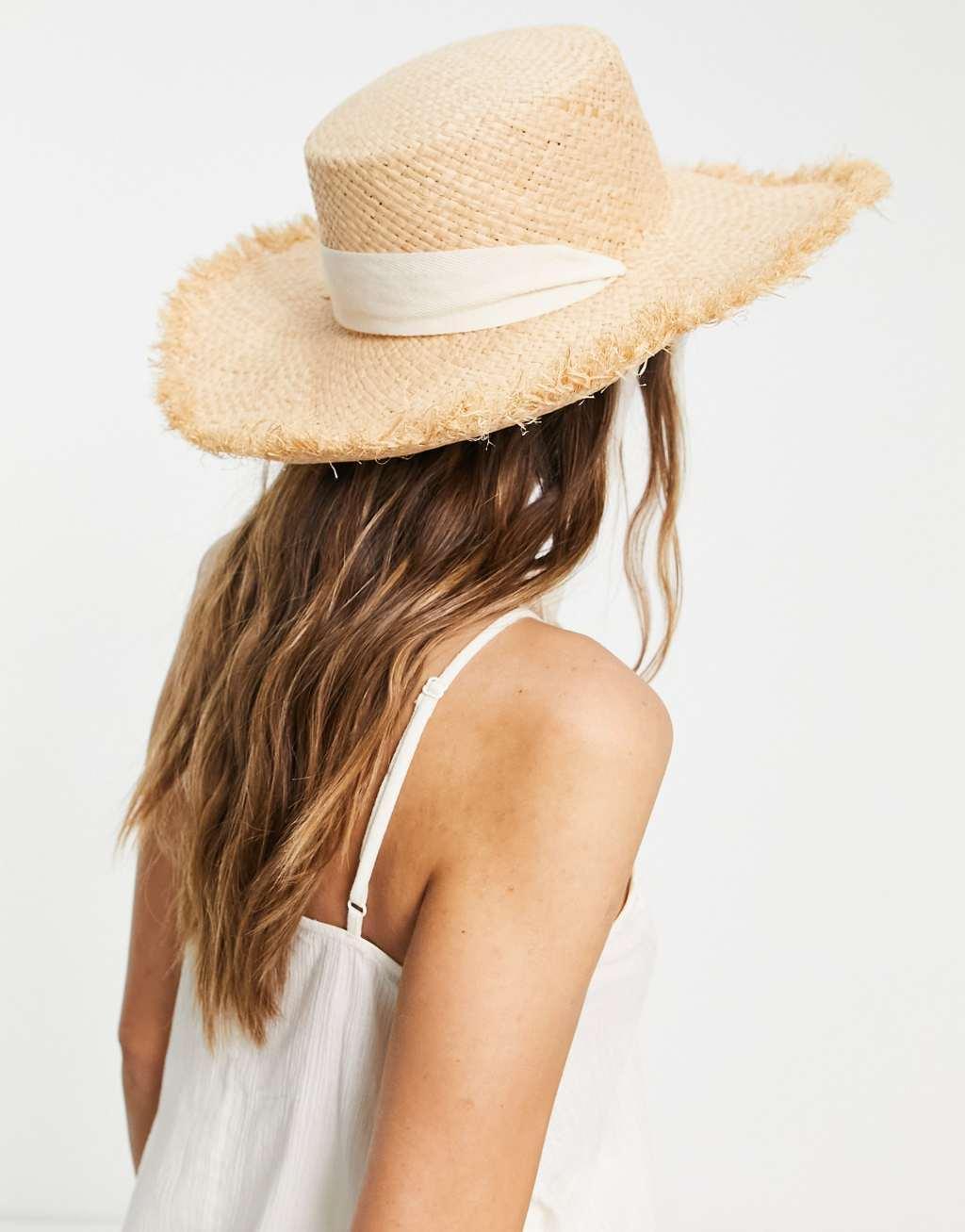 My Accessories London adjustable straw sun hat with sheer tie and frayed edge-Neutral Product Image