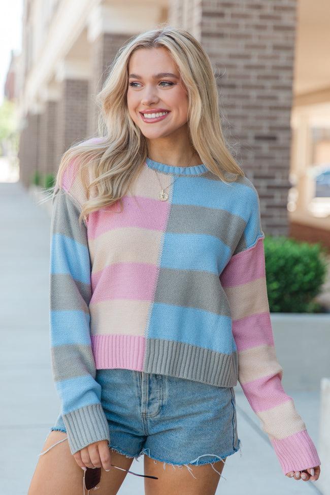 Take Your Time Mauve and Sage Color Block Striped Crop Sweater Product Image