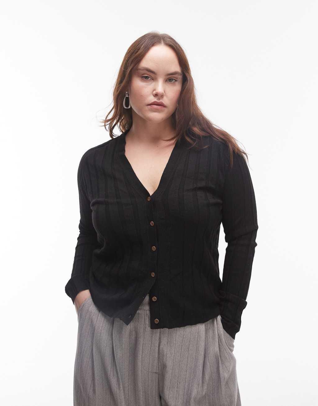 Mango curve ribbed button down cardigan in black Product Image