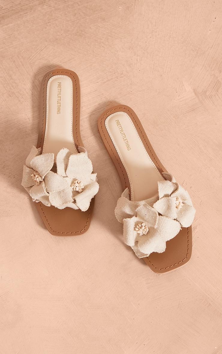 White Real Leather Square Toe Corsage Strap Detail Flat Sandals Product Image