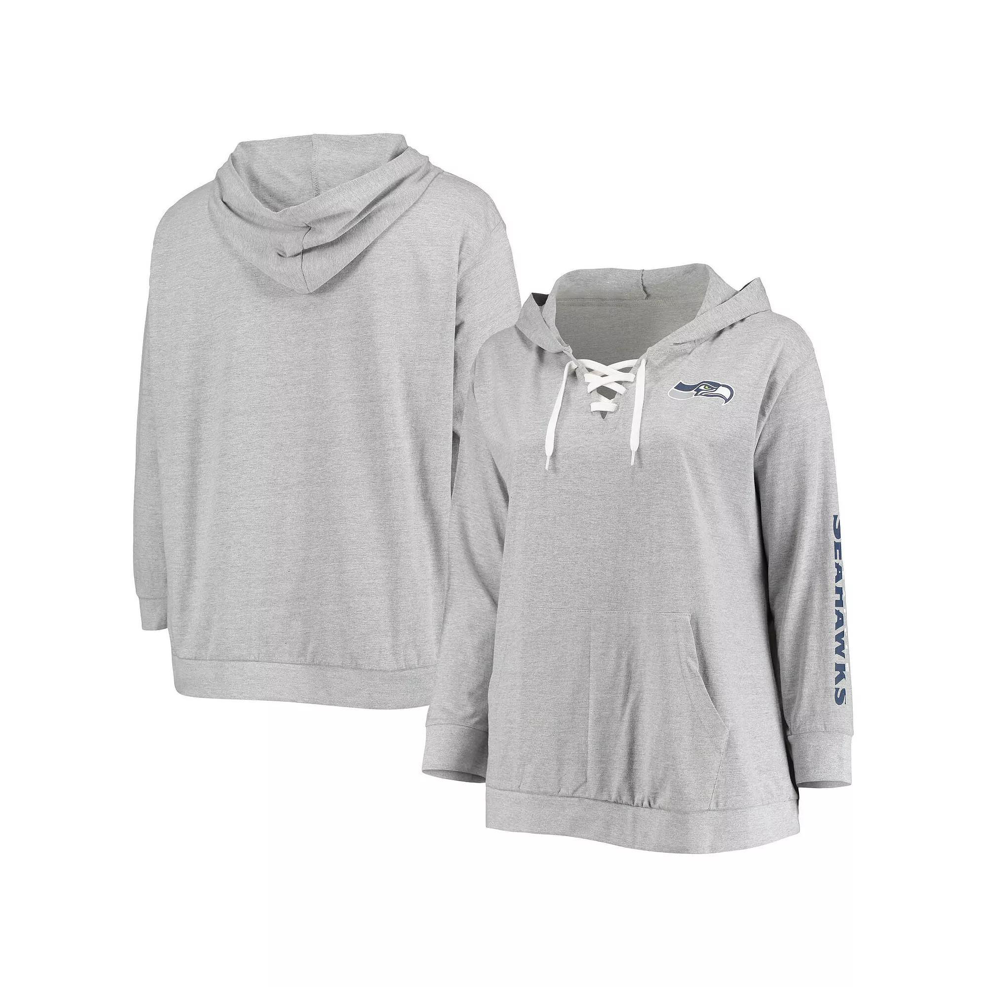Women's Fanatics Branded Heathered Gray Seattle Seahawks Plus Size Lace-Up Pullover Hoodie, Size: 1XL, Grey Product Image
