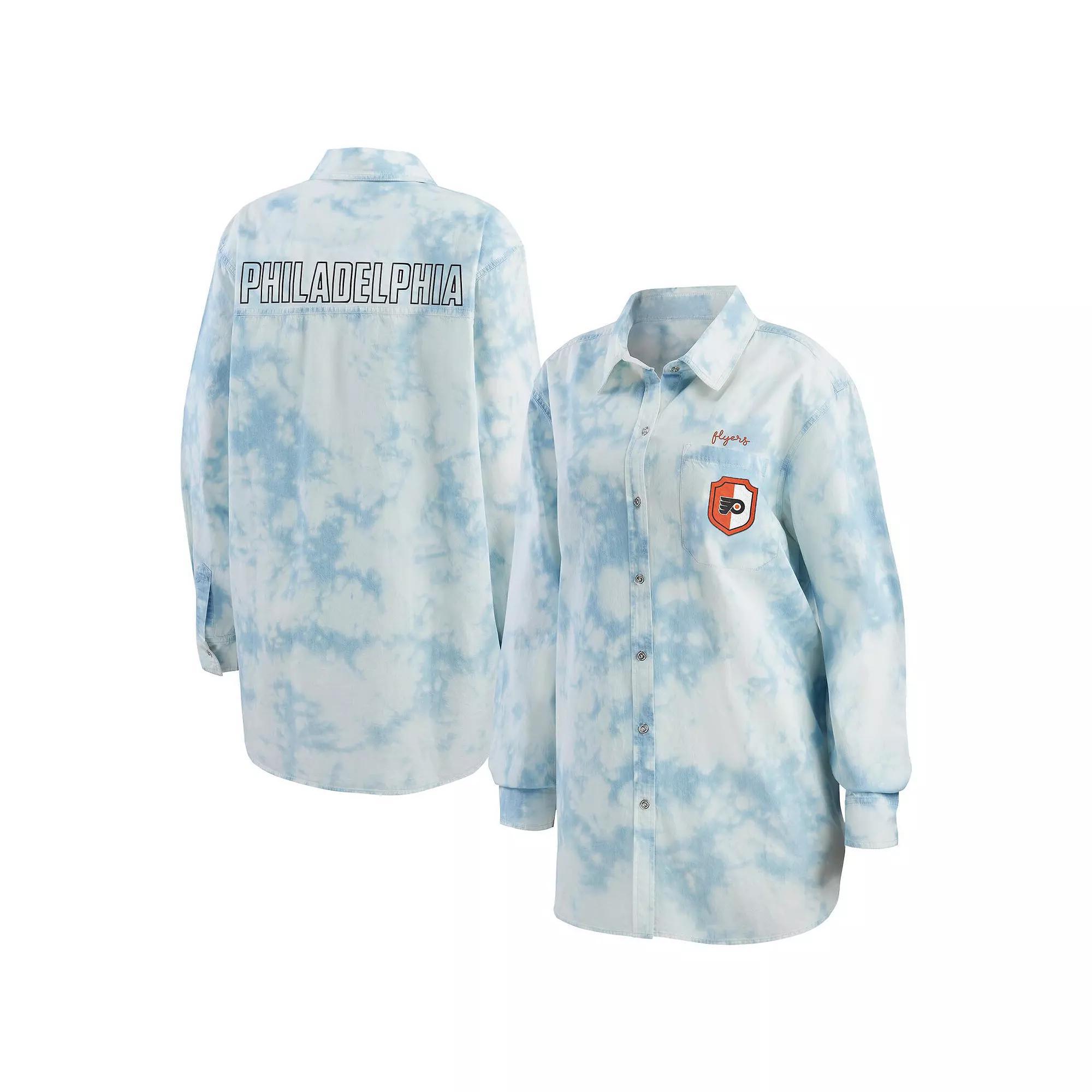 Women's WEAR by Erin Andrews White Philadelphia Flyers Oversized Tie-Dye Button-Up Denim Shirt, Size: Large, Fly White Product Image