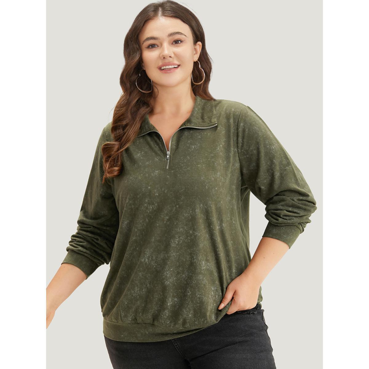 Plus Size Lapel Collar Zipper Elastic Hem Sweatshirt Women ArmyGreen Casual Elastic cuffs Lapel Collar Dailywear Sweatshirts BloomChic 26/4X Product Image