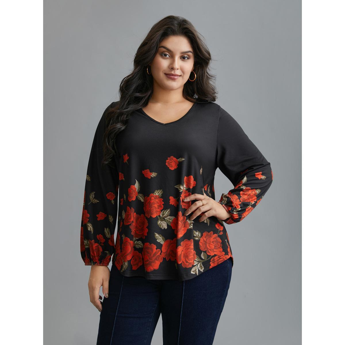 Plus Size Floral Hem V-Neck Stretchy T-shirt Black Women Elegant Contrast Natural Flowers V-neck Everyday T-shirts BloomChic 10/M Product Image