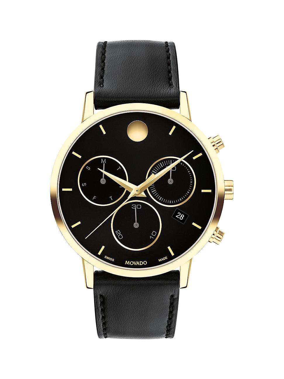 Movado Mens Museum Classic Quartz Chronograph Yellow Gold PVD Case Black Leather Strap Watch Product Image