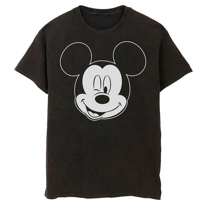 Men's Disney Mickey Mouse Large White Outline Winking Face Bomabrd Wash Tee, Size: XL, Black Product Image