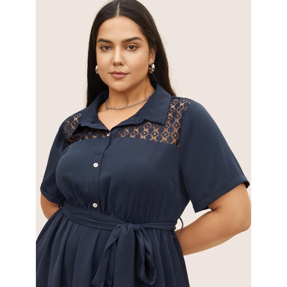 Plus Size Plain Lace Patchwork Belted Cuffed Sleeve Dress DarkBlue Women At the Office Non Shirt collar Short sleeve Curvy Midi Dress BloomChic 28/5X Product Image
