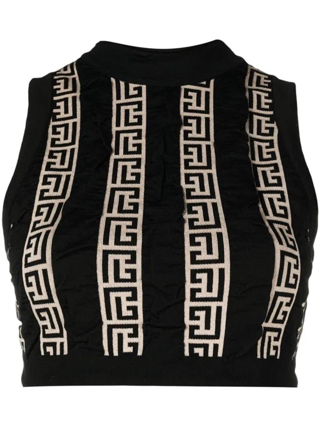 BALMAIN Monogram-pattern Crop Top In Black Product Image