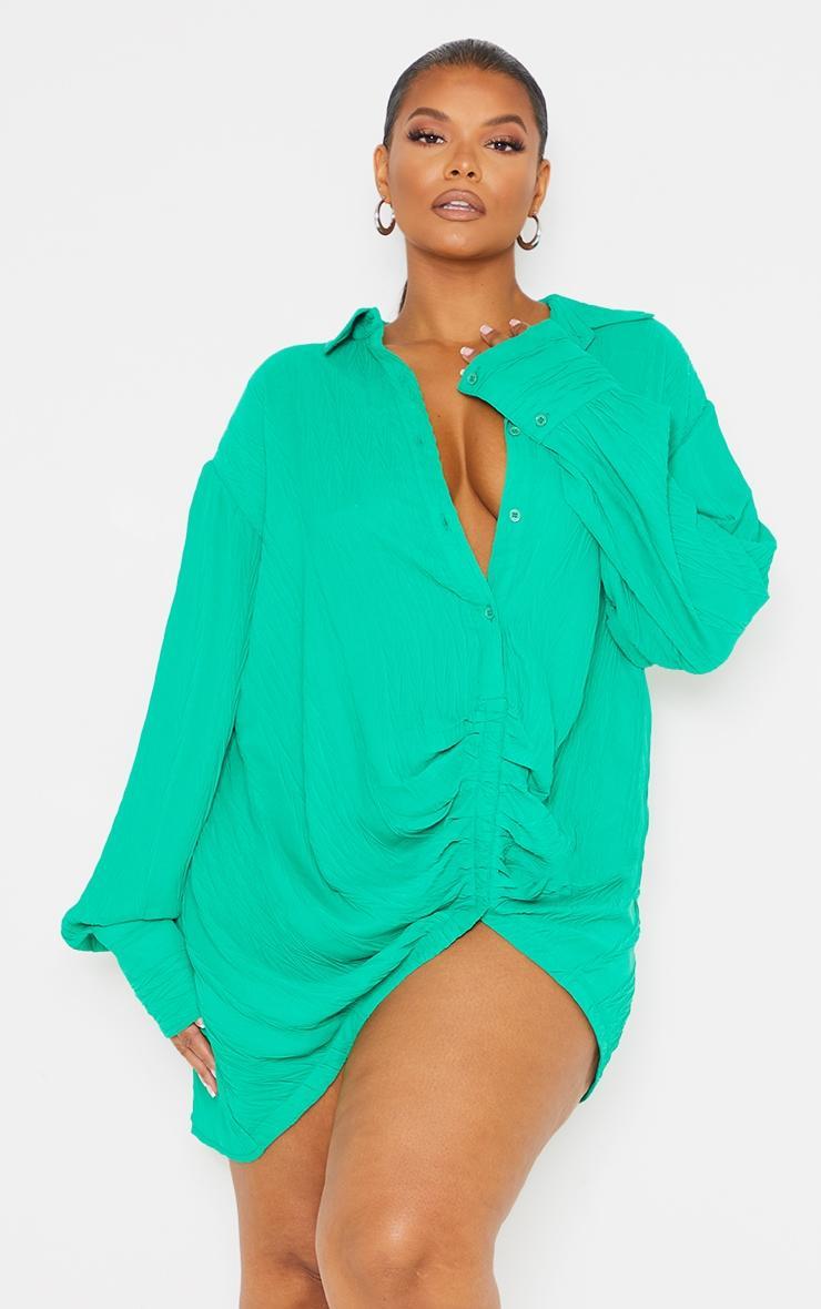 Plus Green Textured Gathered Detail Long Sleeve Shirt Dress Product Image