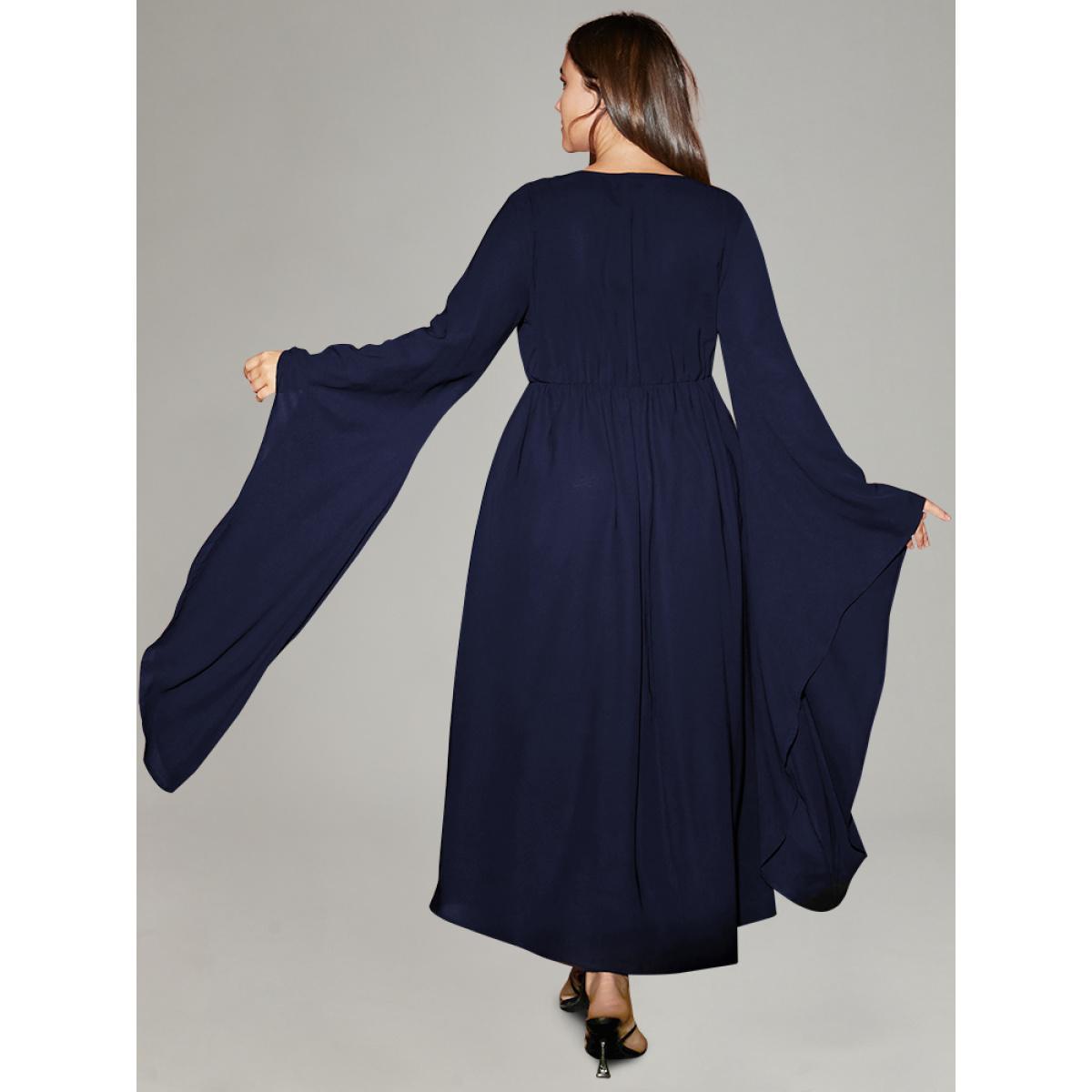 Plus Size Solid Bell Sleeve Pocket Ties High Low Hem Dress DarkBlue Women Playful Non V-neck Long Sleeve Curvy Midi Dress BloomChic 30/6X Product Image