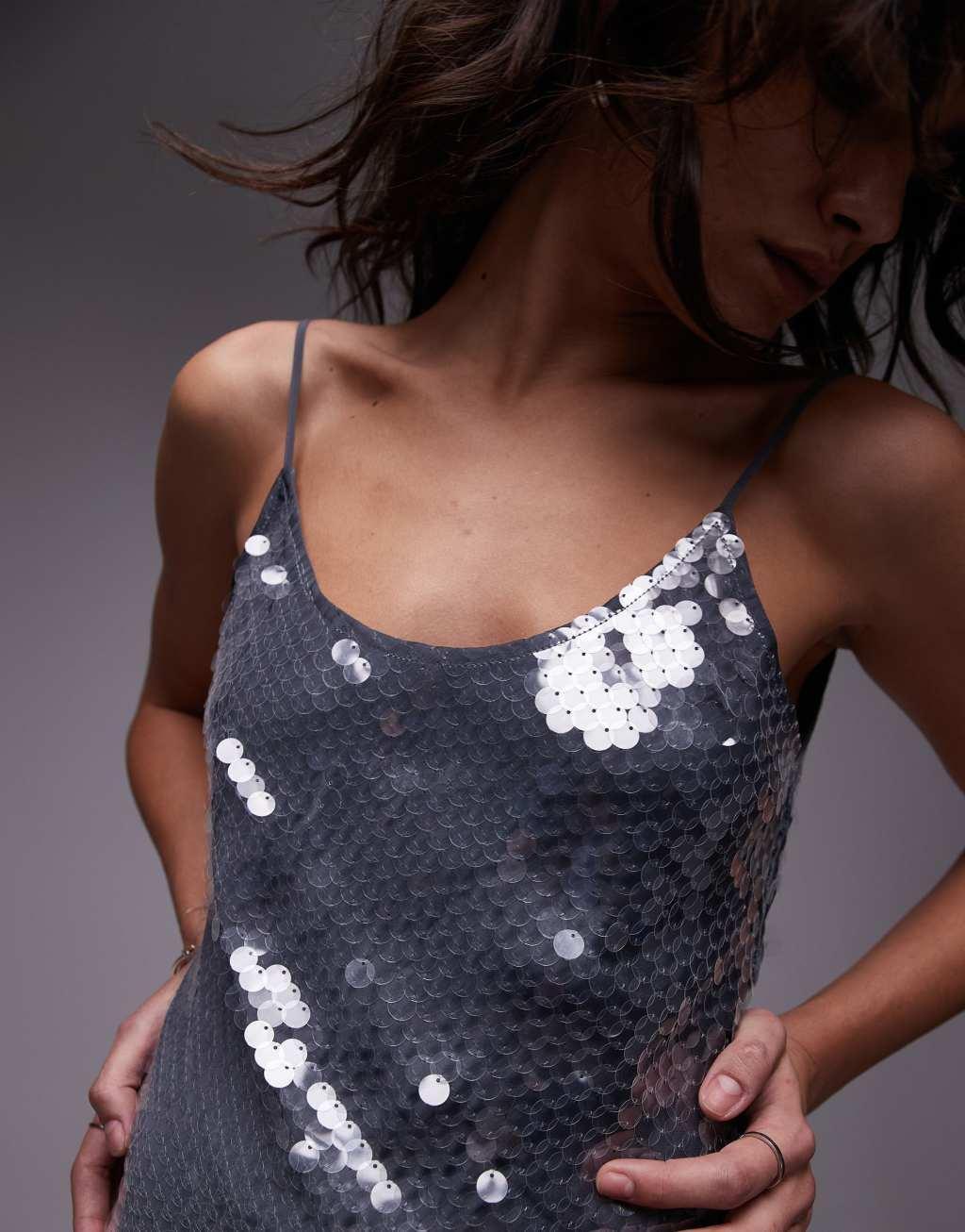 Topshop sequin maxi slip dress in steel gray Product Image