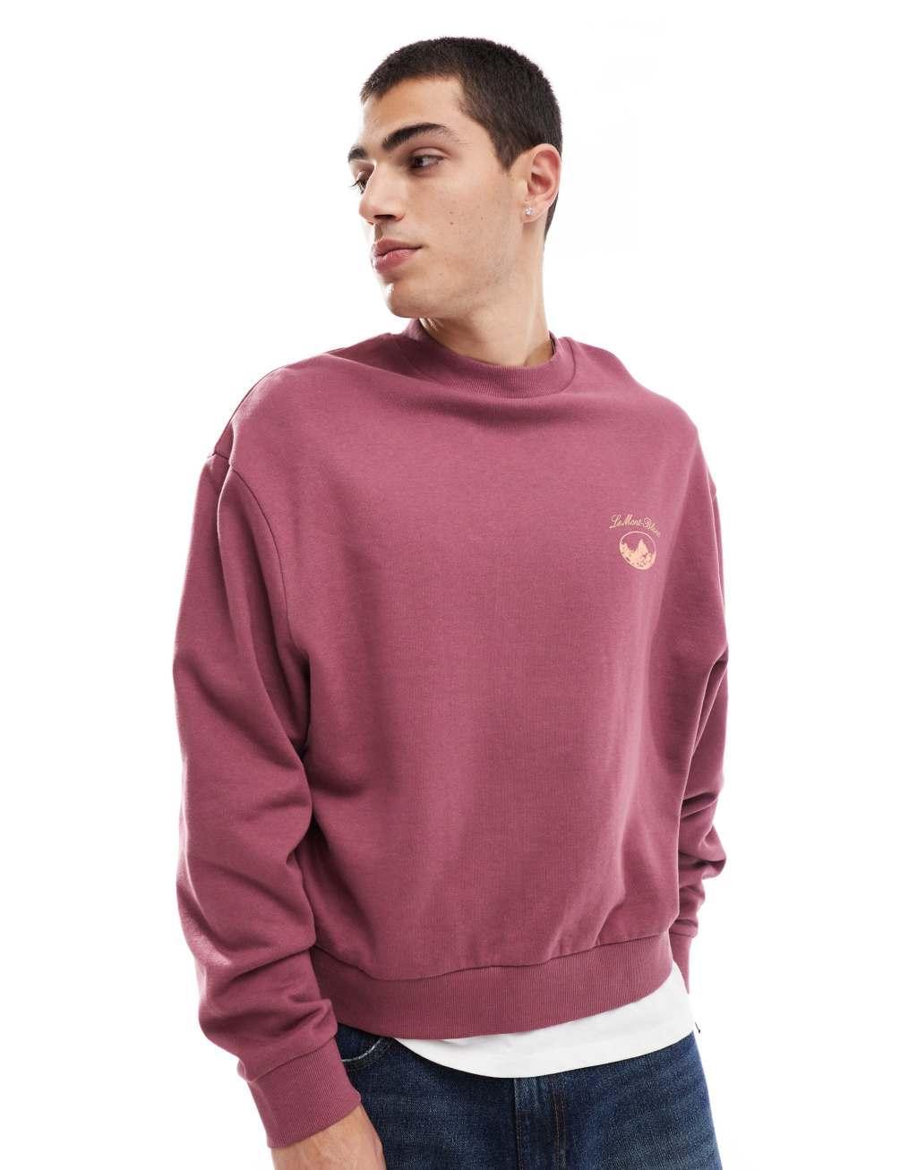 ASOS DESIGN boxy oversized sweatshirt with mountain print in berry Product Image