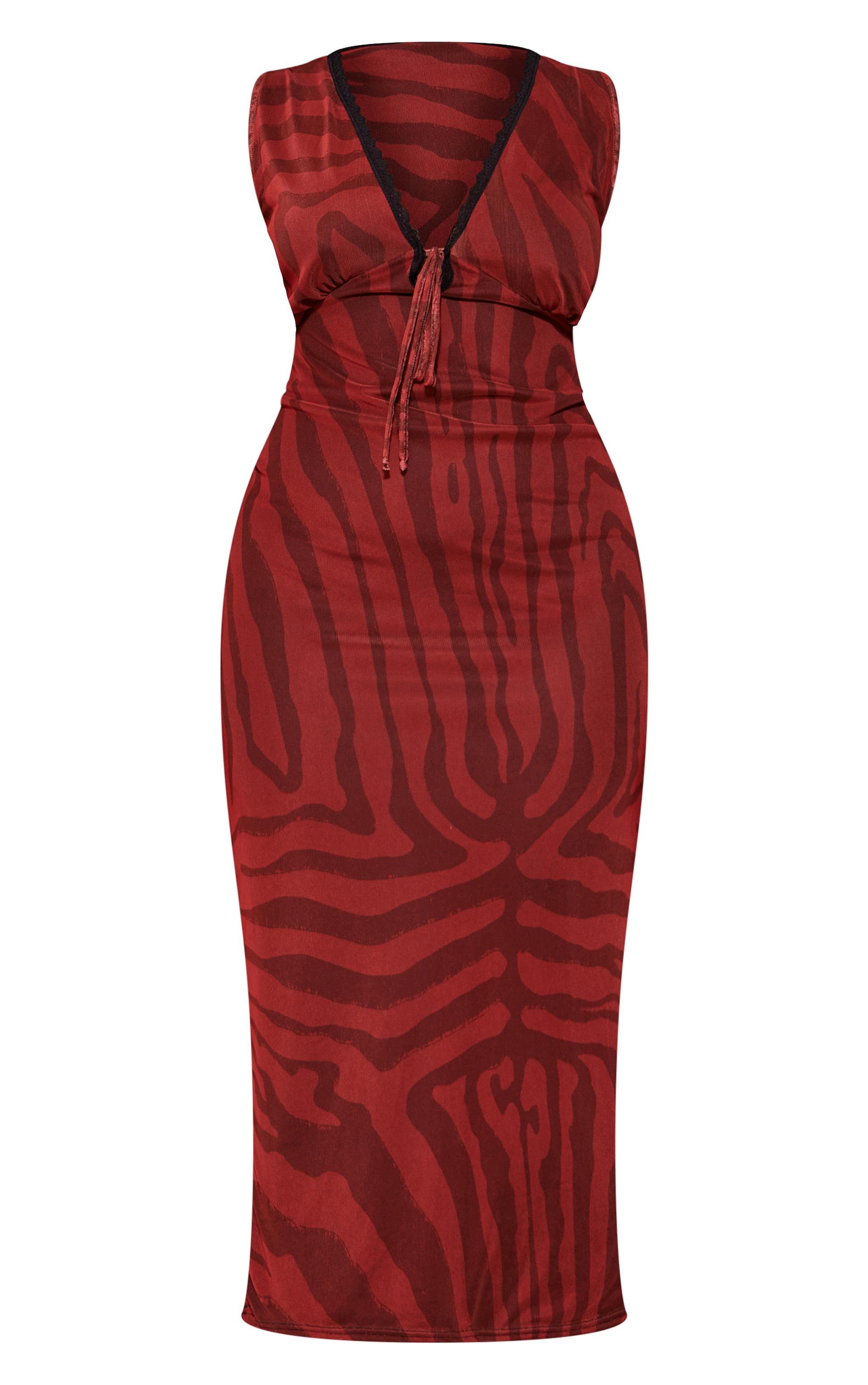 Plus Dark Red Zebra Print Lace Trim Maxi Dress Product Image