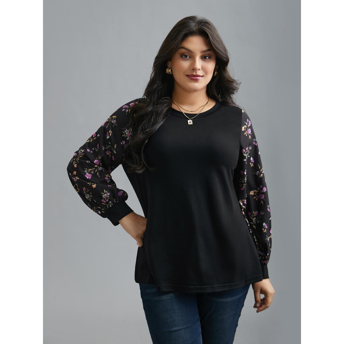 Plus Size Floral Spliced Sleeve Stretchy T-Shirt Black Women Elegant Contrast Natural Flowers Round Neck Everyday T-shirts BloomChic 14-16/1X Product Image