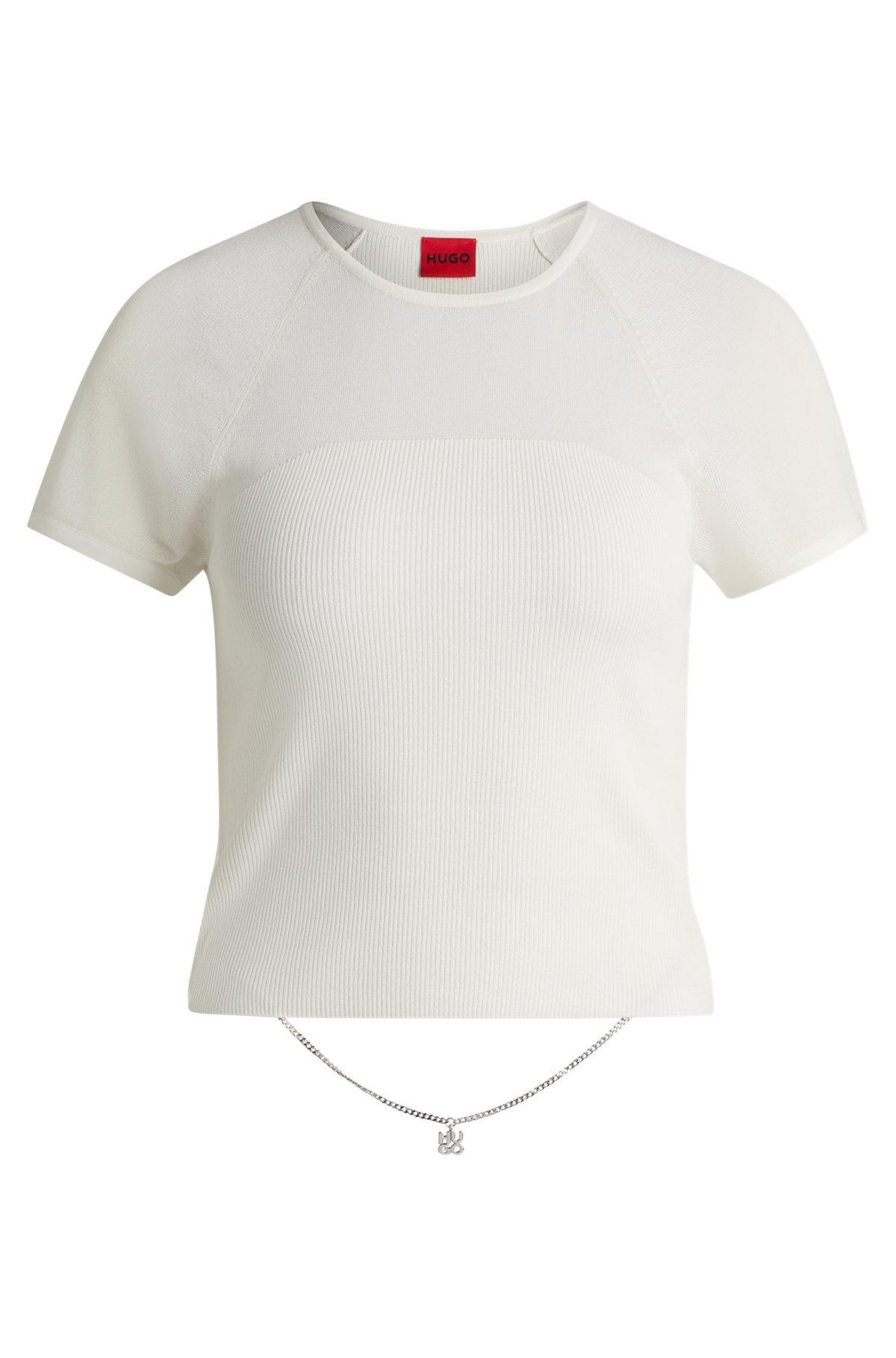 Rib-knit top with sheer panels and logo chain Product Image