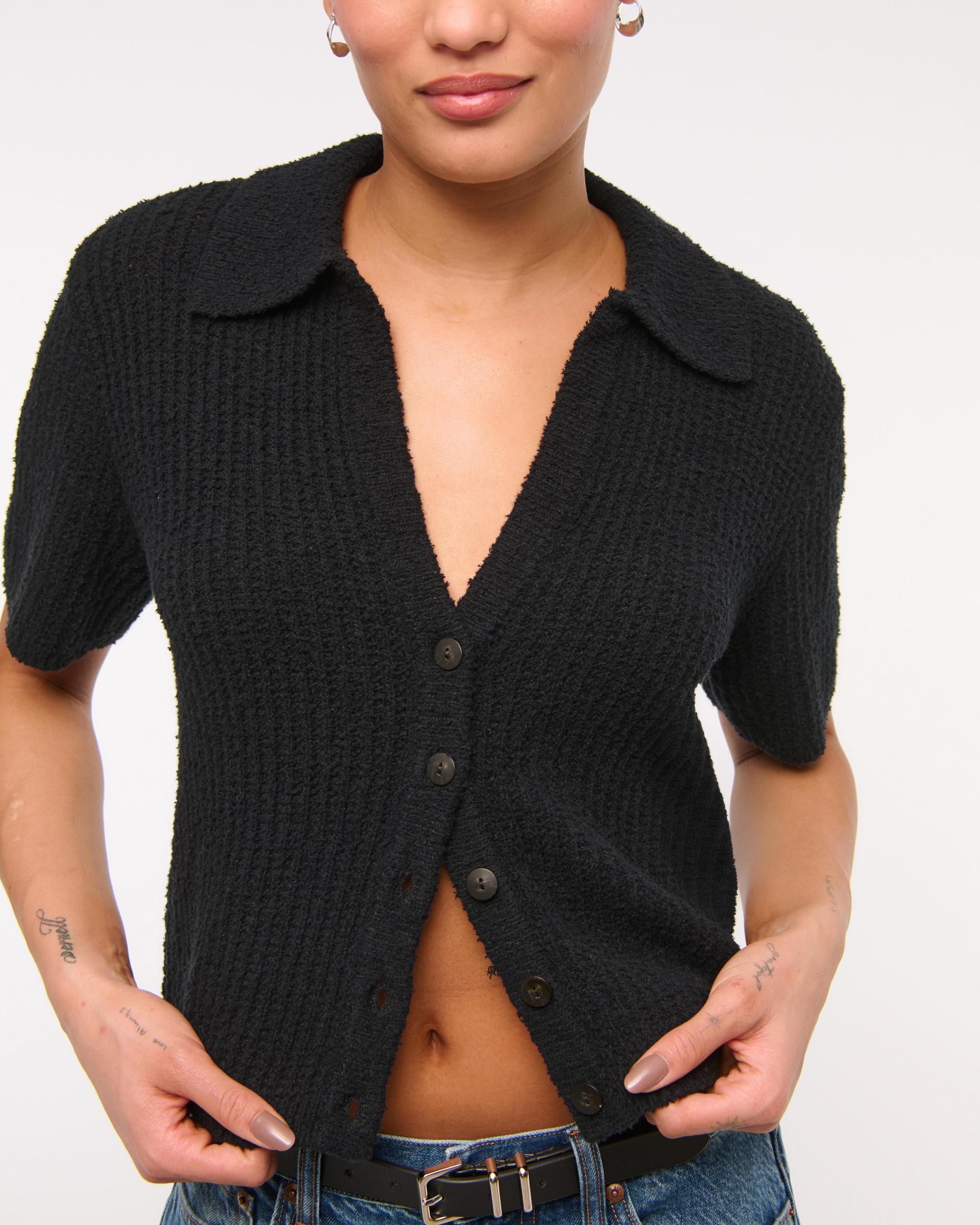 Short-Sleeve Crochet-Style Polo Product Image