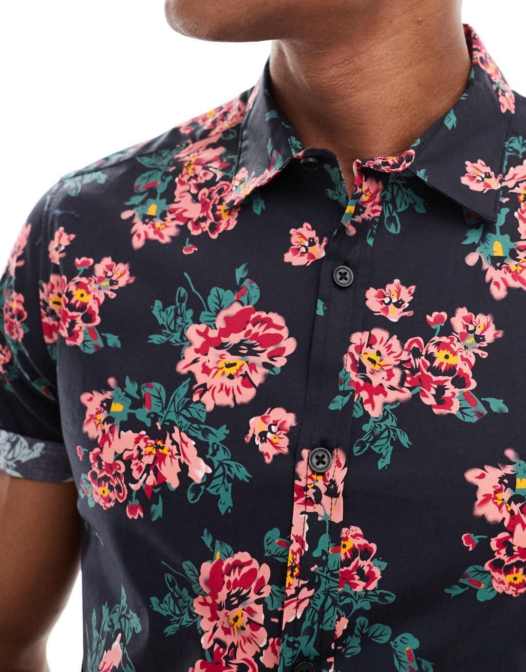 ASOS DESIGN stretch slim shirt with black base floral Product Image