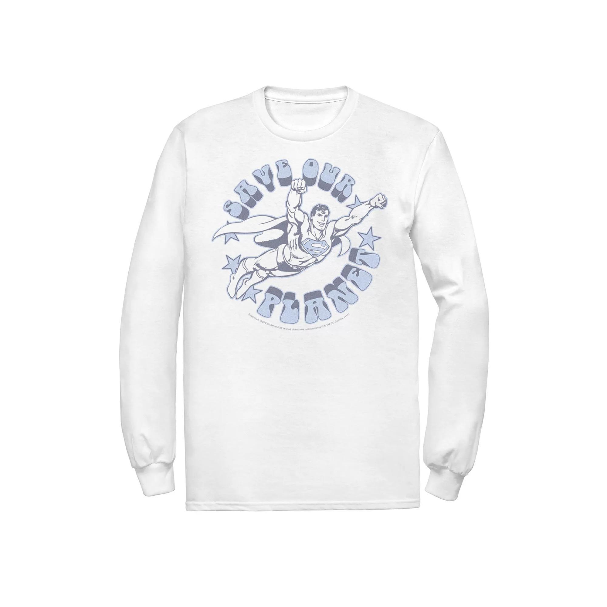 Mens DC Comics Superman Save Our Planet Circle Text Poster Long Sleeve Graphic Tee Product Image
