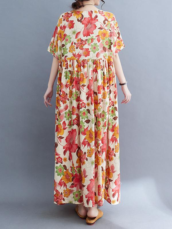Loose Short Sleeves Pleated Printed Split-Joint Round-Neck Midi Dresses Product Image
