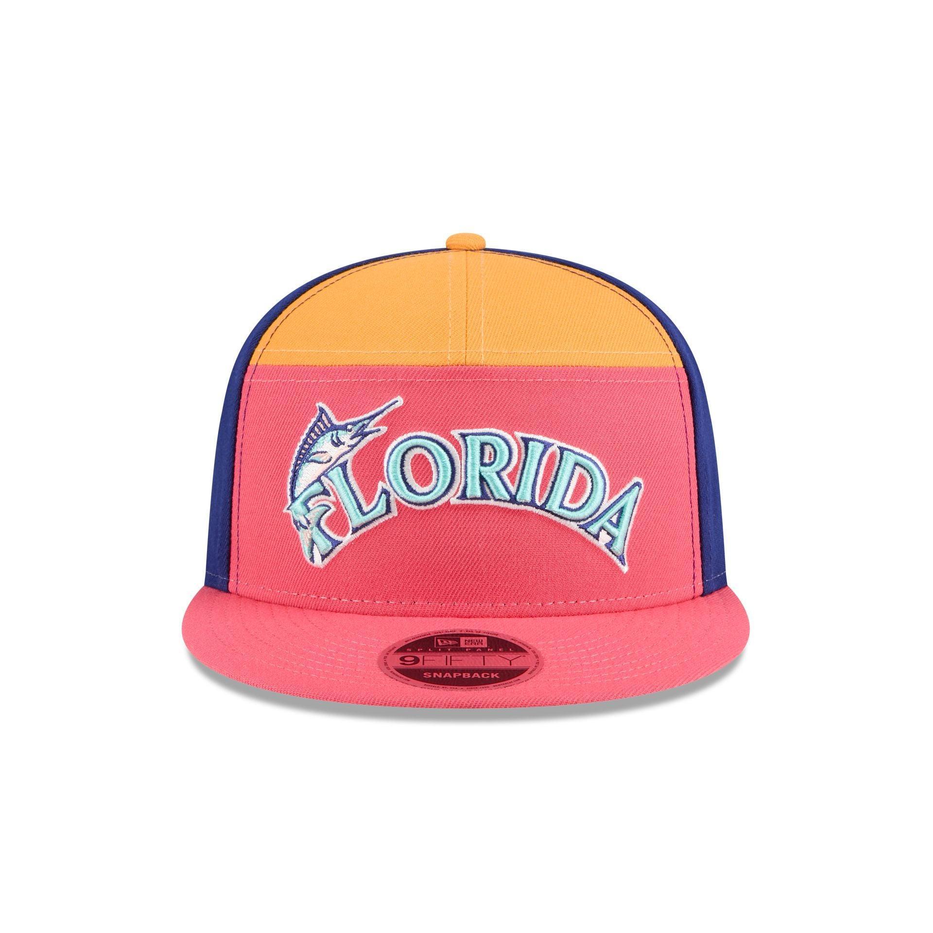 Miami Marlins Coral 9FIFTY Split Panel Snapback Hat Male Product Image