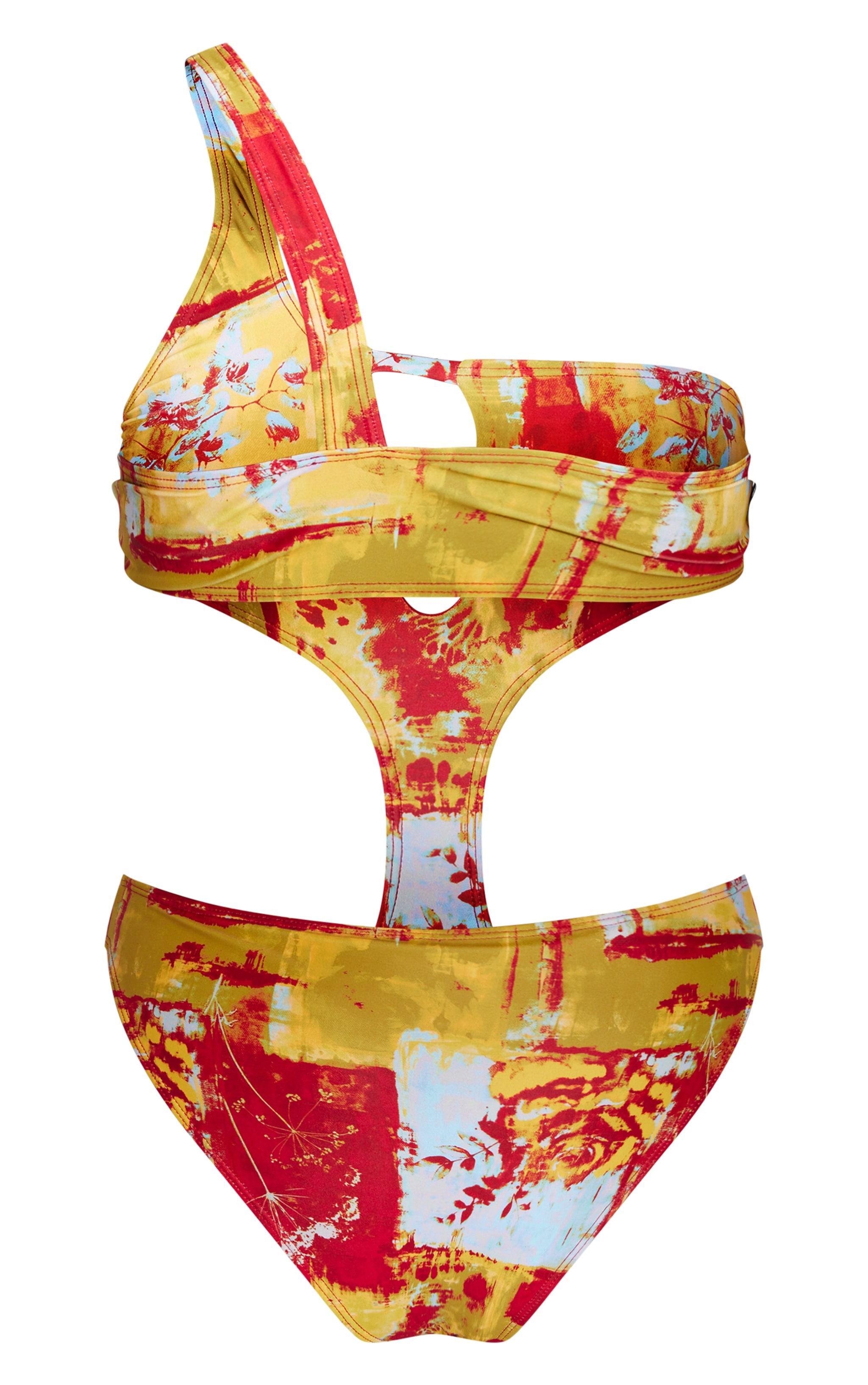 Multi Abstract Print One Shoulder Cut Out Swimsuit Product Image